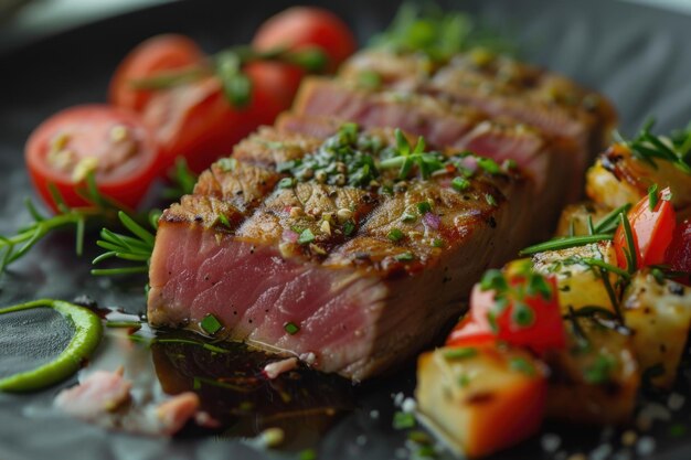 Seared Tuna Steak with Rosemary and Pepper on Black Slate Gourmet Seafood Dish with Elegant