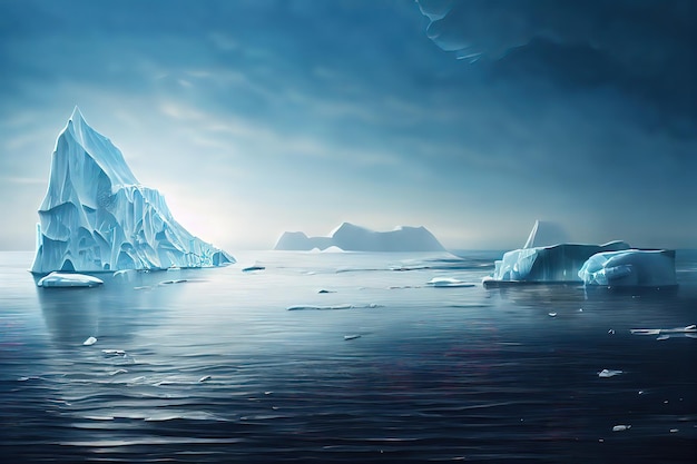 Seascape of Antarctica with an iceberg Large white iceberg on a background of blue water digital art style illustration painting