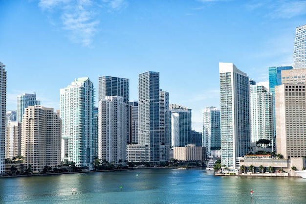 Seascape of Bayside in Miami with buildings and skyscrapers in downtown