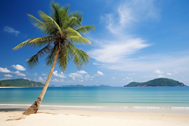 Seascape of beautiful tropical beach with palm tree at sunrise