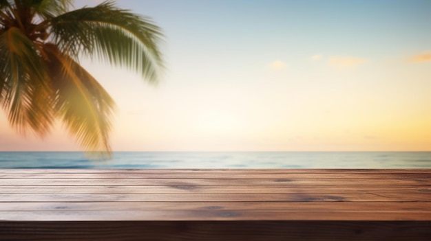 Seascape and Palm Tree from the Top of a Wooden Table