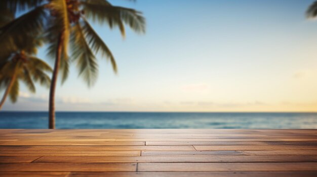 Seascape and Palm Tree on Wooden Tabletop