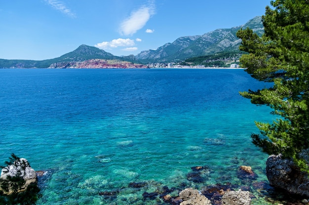 Seascape on a sunny day Beautiful sea landscapes mountains and nature in Montenegro