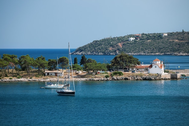 Seascape with Church near Gythio. Laconia, Peloponnese, Greece.