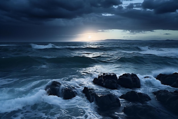 Seascape with rocks and waves at sunset Nature composition