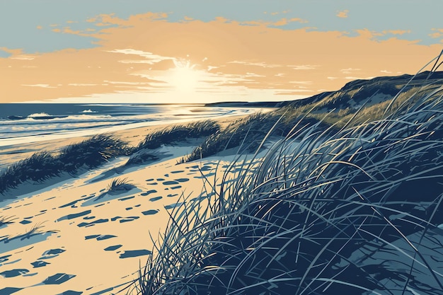 Seascape with sand dunes at sunset Digital illustration