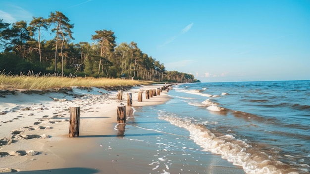 Seascape with Wooden Posts on Sandy Beach