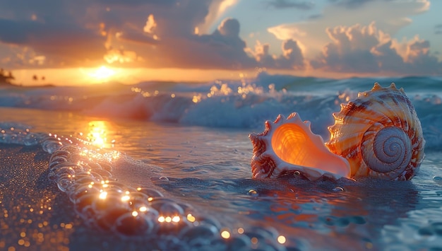 A seashell bathed in the warm glow of a sunset