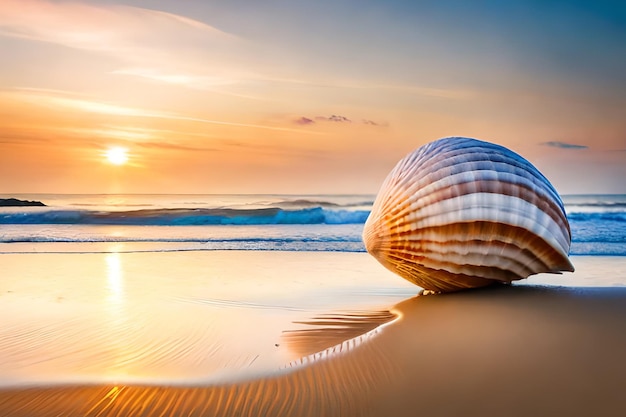 A seashell on a beach at sunset