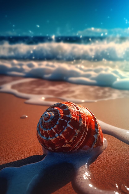 A seashell on the beach with the sea in the background