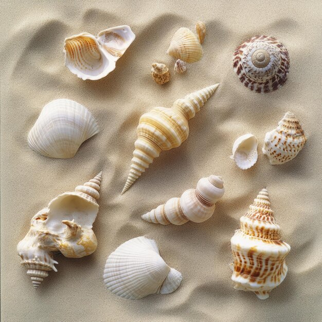 Photo seashell collection on sandy beach aerial view editorial photography