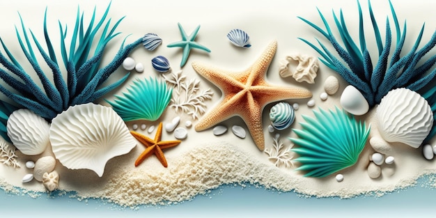 Seashell and Coral Banner on White Sand Beach