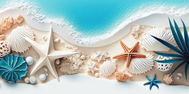 Seashell and Coral Banner on White Sand Beach