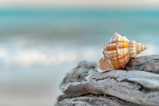 Seashell on driftwood by tranquil ocean