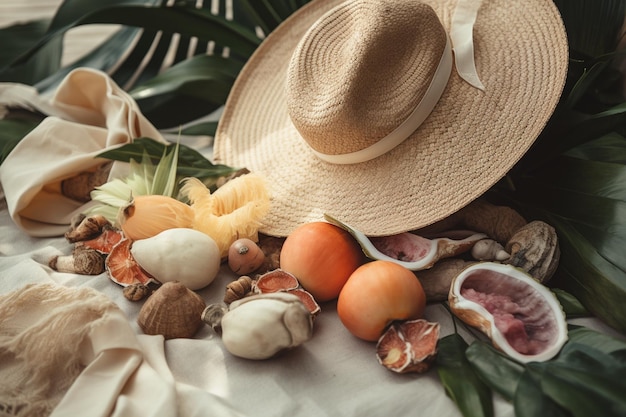 Seashell and hat with plants near fruit and flip flop in bag