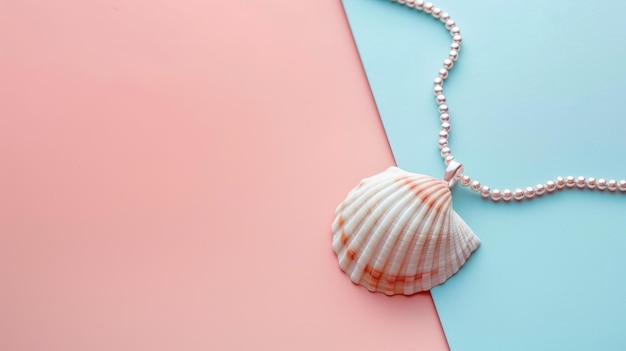 Photo seashell necklace lying on pink and blue surface