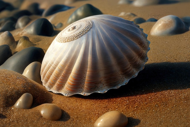 Seashell on a pebble beach near the water