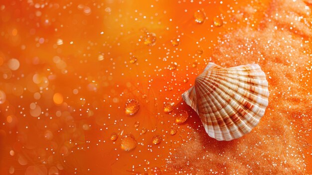 Seashell resting on orange background with water droplets