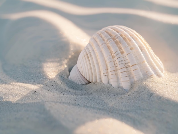 Seashell on sandy beach with sunlight