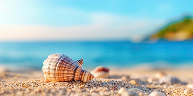 Seashell and star on sandy beach against beautiful blue sea