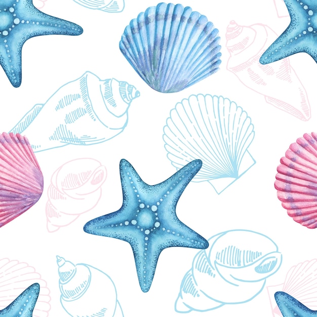 Seashell starfish seamless repeat tile pattern background on blue