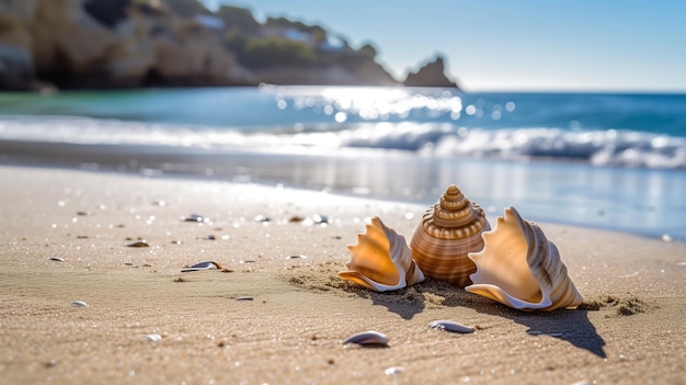 Seashell on sunny beach with sparkling water