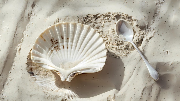 Seashell used as natural plate mother of pearl spoon beach dining top right for text