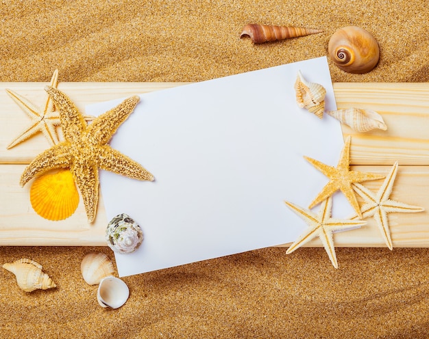 Seashell with white paper on wooden background with sand. Travel concept