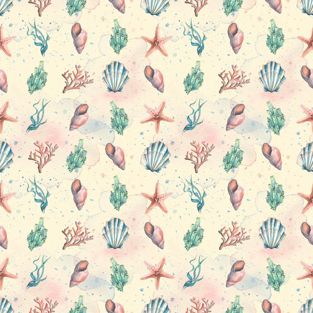 Seashells algae corals and sea sponges on the background of watercolor spots and splashes Watercolor illustration Seamless pattern from the collection of JELLYFISH AND SEAHORSE For decoration