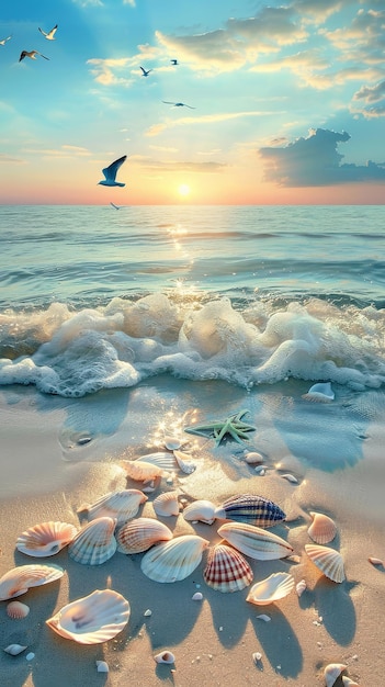 Seashells on beach at sunset with waves A tranquil beach scene at sunset featuring seashells and foamy waves with a warm sky and birds