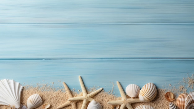 Seashells on a beach with a blue background.