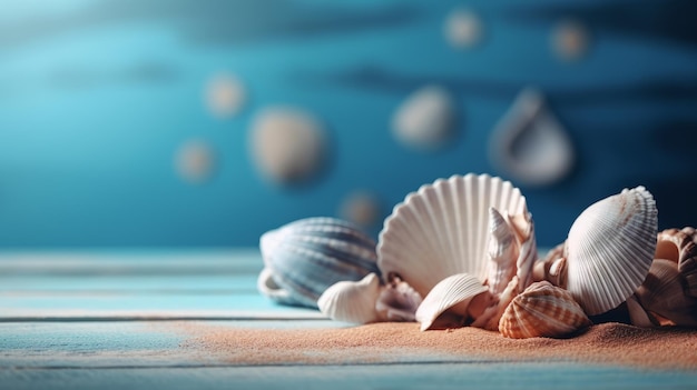 Seashells on a blue background with a blue background