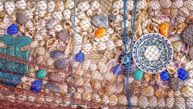 Seashells in fishing net background