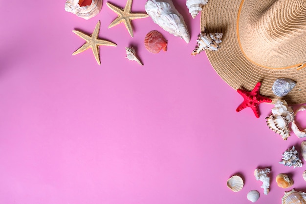 Seashells on pastel violet background with straw hat - summer holiday background