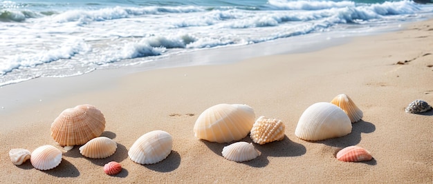 Seashells on the sand of the sea coastline Generative AI