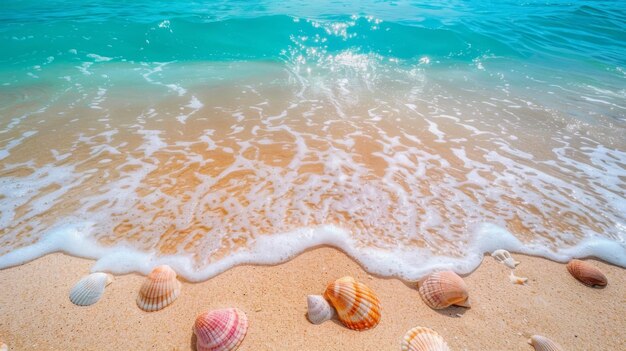 Seashells on Sandy Beach with Turquoise Waves