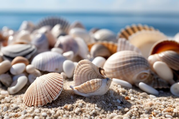 Seashells scattered on sandy beach