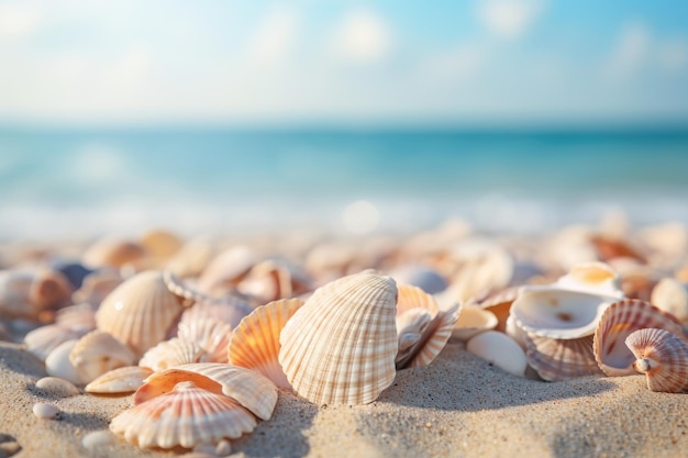 Seashells at seashore sand with blurred backup and blue sky