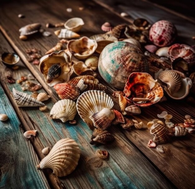 Seashells and shells on a wooden table.