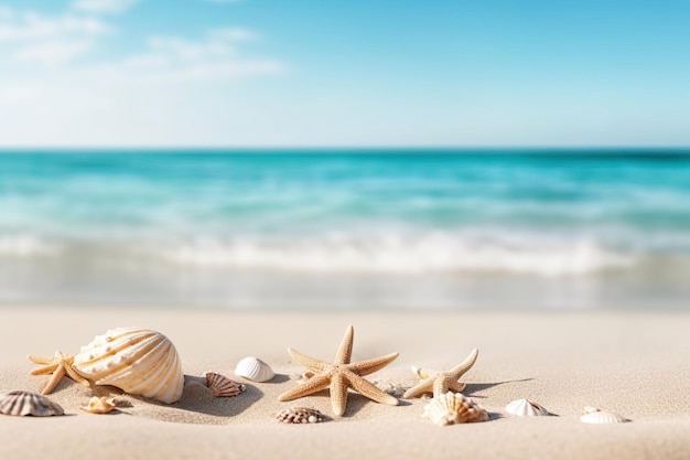 Seashells and star fishes on the sand at the beach with clear sky