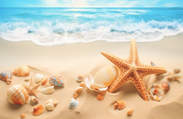 Seashells and starfish on the beautiful tropical beach and sea with blue sky background Summer vacation concept