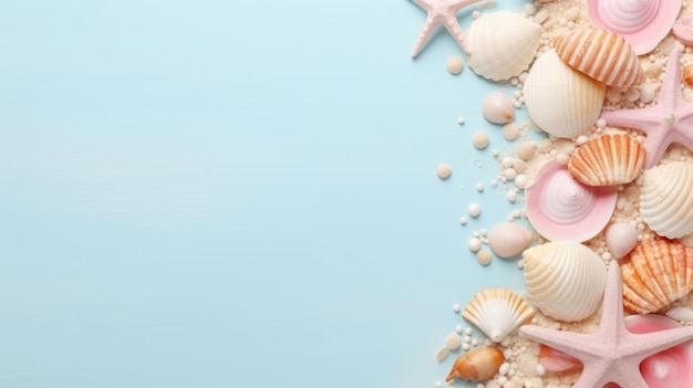 Seashells starfish and pearls in pastel pink and blue colors with copy space