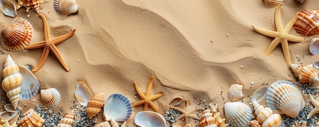 Seashells and Starfish on Sandy Beach