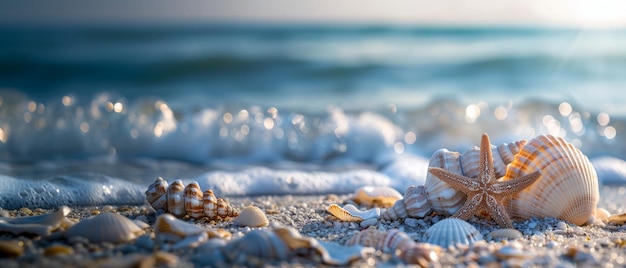 Seashells and Starfish on Sandy Beach