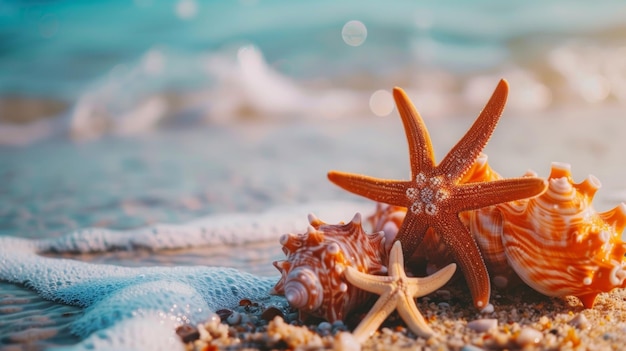 Photo seashells and starfish on sandy beach