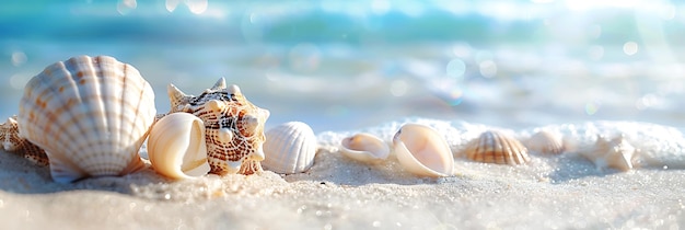 Photo seashells and starfish on a sandy beach