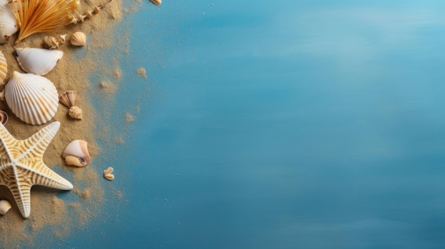 Seashells starfish and sea stones on a blue background Summer vacation and travel concept Copy space