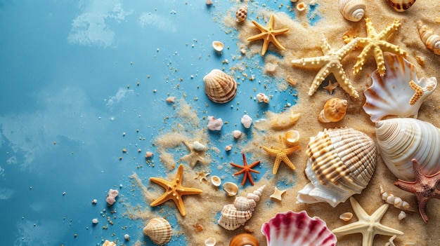 Seashells starfish and sea stones on a blue background Summer vacation and travel concept Copy space