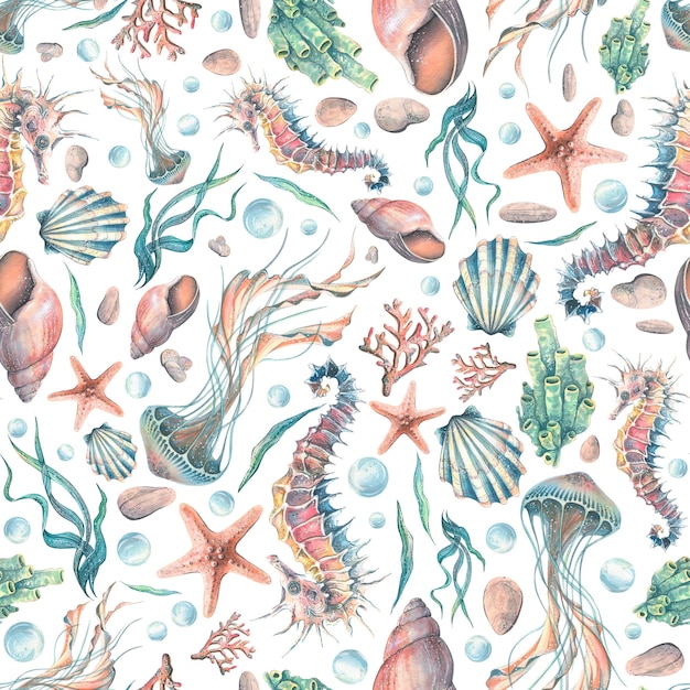 Seashells starfish seahorses and jellyfish corals and bubbles Watercolor illustration on a white background Seamless pattern For fabric textiles wallpaper clothing beach summer accessories