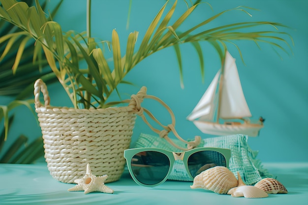 Photo seashells summer bag and glasses on a blue background banner for advertising vacations travel